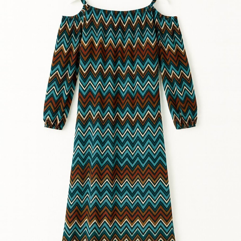 Cato Plus Chevron Midi Dress - Teal Brown Cream Zigzag Cut-Out Shoulder 22W/24W
